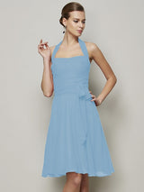 Charming Halter Sleeveless Pleats Bowknot Short Chiffon Bridesmaid Dresses-Ballbella
