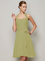 Charming Halter Sleeveless Pleats Bowknot Short Chiffon Bridesmaid Dresses-Ballbella