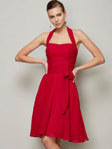 Charming Halter Sleeveless Pleats Bowknot Short Chiffon Bridesmaid Dresses-Ballbella