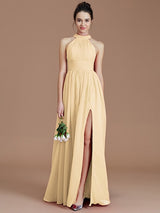 Charming Halter Sleeveless Ruched Chiffon Bridesmaid Dresses-Ballbella