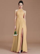 Charming Halter Sleeveless Ruched Chiffon Bridesmaid Dresses-Ballbella