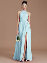 Charming Halter Sleeveless Ruched Chiffon Bridesmaid Dresses-Ballbella