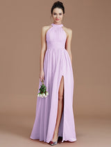 Charming Halter Sleeveless Ruched Chiffon Bridesmaid Dresses-Ballbella