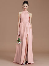 Charming Halter Sleeveless Ruched Chiffon Bridesmaid Dresses-Ballbella