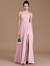 Charming Halter Sleeveless Ruched Chiffon Bridesmaid Dresses-Ballbella