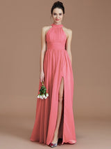 Charming Halter Sleeveless Ruched Chiffon Bridesmaid Dresses-Ballbella