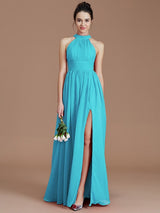 Charming Halter Sleeveless Ruched Chiffon Bridesmaid Dresses-Ballbella