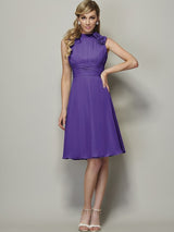 Charming High Neck Sleeveless Pleats Short Chiffon Bridesmaid Dresses-Ballbella