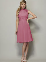 Charming High Neck Sleeveless Pleats Short Chiffon Bridesmaid Dresses-Ballbella