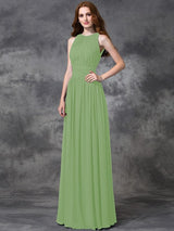 Charming Jewel Ruched Sleeveless Long Chiffon Bridesmaid Dresses-Ballbella