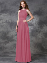 Charming Jewel Ruched Sleeveless Long Chiffon Bridesmaid Dresses-Ballbella