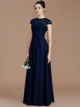 Charming Jewel Short Sleeves Lace Chiffon Bridesmaid Dresses-Ballbella