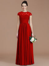 Charming Jewel Short Sleeves Lace Chiffon Bridesmaid Dresses-Ballbella