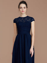 Charming Jewel Short Sleeves Lace Chiffon Bridesmaid Dresses-Ballbella