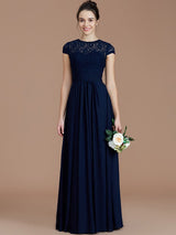 Charming Jewel Short Sleeves Lace Chiffon Bridesmaid Dresses-Ballbella