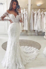 Charming Lace Appliques Mermaid Wedding Gown Long Sleeves Sweetheart Bridal Dress-Ballbella