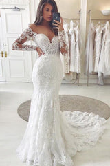 Charming Lace Appliques Mermaid Wedding Gown Long Sleeves Sweetheart Bridal Dress-Ballbella