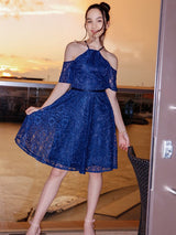 Charming Lace Ruffles Halter Short Sleeves Knee-Length Junior/Girls Bridesmaid Dresses-Ballbella