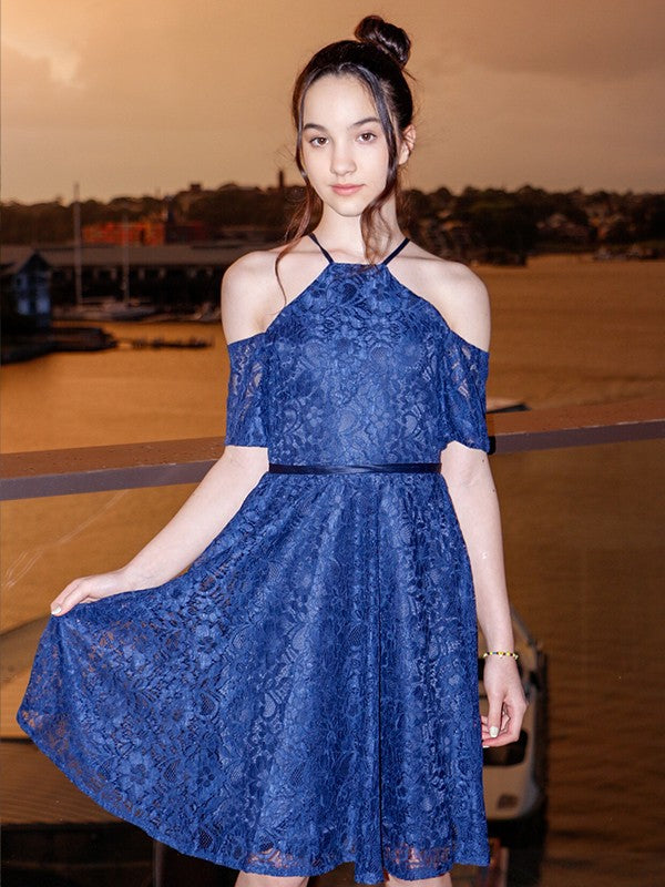 Charming Lace Ruffles Halter Short Sleeves Knee-Length Junior/Girls Bridesmaid Dresses Charming Lace Ruffles Halter Short Sleeves Knee-Length Junior/Girls Bridesmaid Dresses