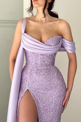 Charming Lilac Long Glitter Off-the-Shoulder Mermaid Prom Dresses Long Slit Online-Ballbella