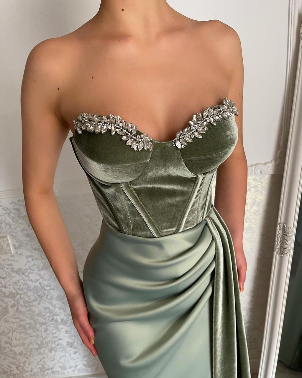 Charming Long Green Strapless Velvet Prom Dresses Long Slit Online