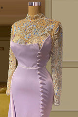 Charming Long Mermaid High Neck Lace Beading Evening Prom Dresses With Long Sleeves-Ballbella