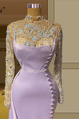 Charming Long Mermaid High Neck Lace Beading Evening Prom Dresses With Long Sleeves-Ballbella