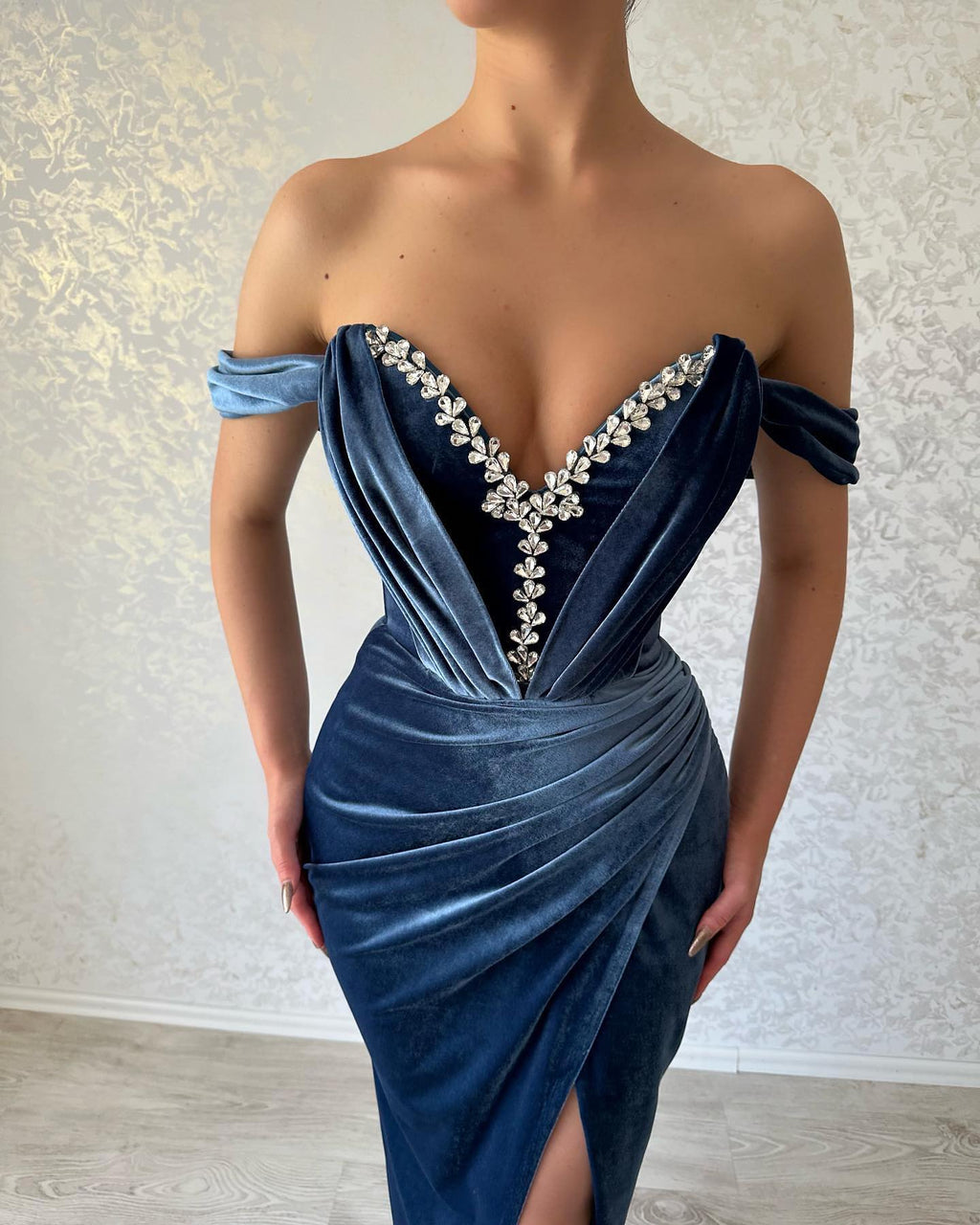 Charming Long Navy Off-the-Shoulder Ankle Length Prom Dresses Long Slit Online Charming Long Navy Off-the-Shoulder Ankle Length Prom Dresses Long Slit Online