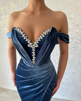 Charming Long Navy Off-the-Shoulder Ankle Length Prom Dresses Long Slit Online-Ballbella