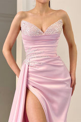 Charming Long Pink Sleeveless Front Split Satin Evening Prom Dresses With Beading-Ballbella