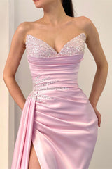 Charming Long Pink Sleeveless Front Split Satin Evening Prom Dresses With Beading-Ballbella