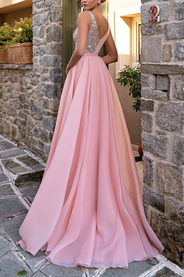 Charming Long Pink V-Neck Glitter Sleeveless Prom Dresses Long Slit Online Charming Long Pink V-Neck Glitter Sleeveless Prom Dresses Long Slit Online