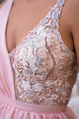 Charming Long Pink V-Neck Glitter Sleeveless Prom Dresses Long Slit Online-Ballbella