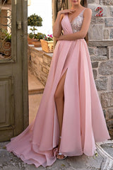 Charming Long Pink V-Neck Glitter Sleeveless Prom Dresses Long Slit Online-Ballbella