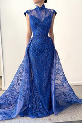 Charming Long Royal Blue High Neck Lace Sleeveless Prom Dresses With Detachable Train-Ballbella