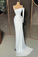 Charming Long Satin One-Shoulder Mermaid Evening Prom Dresses With Beading-Ballbella