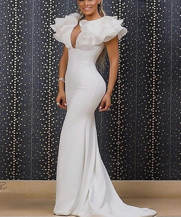 Charming Long White Mermaid V-neck Sleeveless Prom Dresses With Ruffles Long-Ballbella