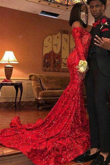 Charming Mermaid Off-the-Shoulder Long Sleevess Prom Dresses Sequins Party Gowns-Ballbella