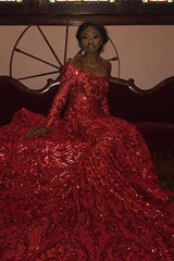 Charming Mermaid Off-the-Shoulder Long Sleevess Prom Dresses Sequins Party Gowns-Ballbella