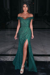 Charming Off Shoulder Prom Gown Front Split Evening Maxi Dress-Ballbella