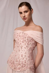 Charming Off-The-Shoulder Chiffon A-Line Prom Dresses Long With Beads Pleats-Ballbella