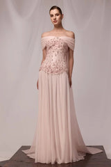 Charming Off-The-Shoulder Chiffon A-Line Prom Dresses Long With Beads Pleats-Ballbella