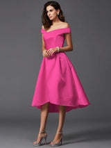 Charming Off-the-Shoulder Sleeveless High Low Satin Bridesmaid Dresses-Ballbella