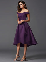 Charming Off-the-Shoulder Sleeveless High Low Satin Bridesmaid Dresses-Ballbella