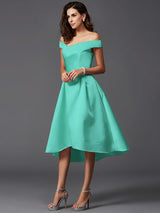 Charming Off-the-Shoulder Sleeveless High Low Satin Bridesmaid Dresses-Ballbella