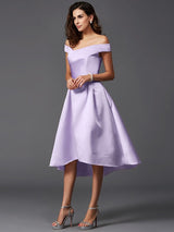 Charming Off-the-Shoulder Sleeveless High Low Satin Bridesmaid Dresses-Ballbella