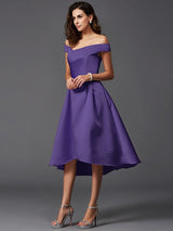 Charming Off-the-Shoulder Sleeveless High Low Satin Bridesmaid Dresses-Ballbella