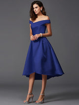 Charming Off-the-Shoulder Sleeveless High Low Satin Bridesmaid Dresses-Ballbella