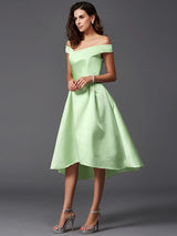 Charming Off-the-Shoulder Sleeveless High Low Satin Bridesmaid Dresses-Ballbella