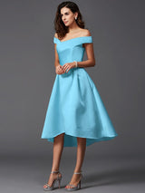 Charming Off-the-Shoulder Sleeveless High Low Satin Bridesmaid Dresses-Ballbella
